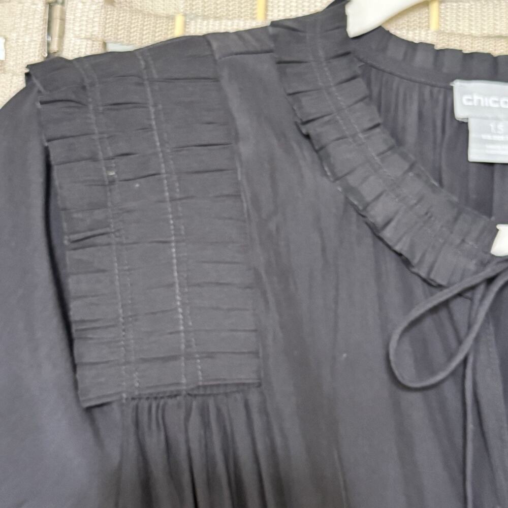 Chico’s Crinkle Pleat Midi Shirt Dress Size 1.5 US 10 Black Ruffle Tie Neck - Picture 6 of 11